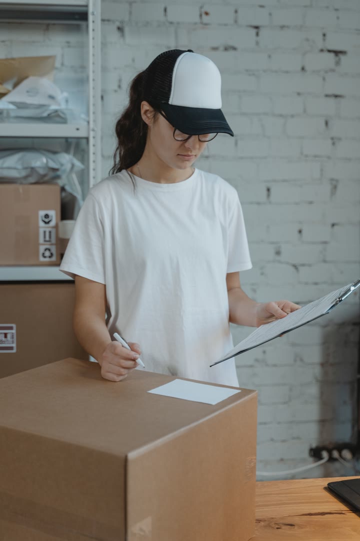 Warehouse worker checking a parcel against handling information