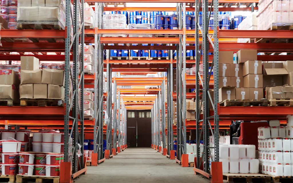 Aisle between storage racks in a logistics warehouse